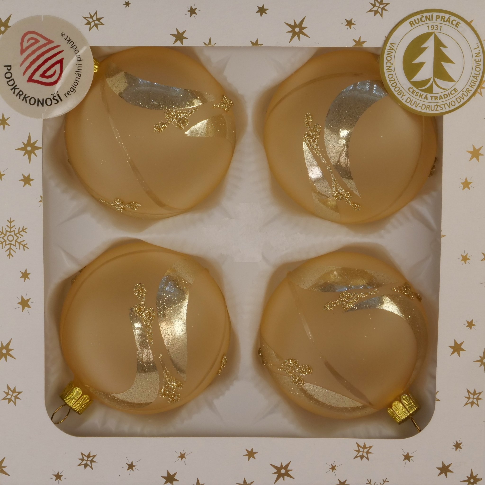 Vánoční ozdoby champagne matná zdobená koule skleněná