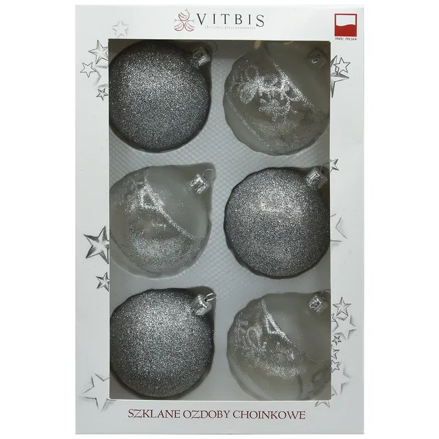 Vitbis Stříbrná skleněná vánoční baňka 8 cm, 6 ks
