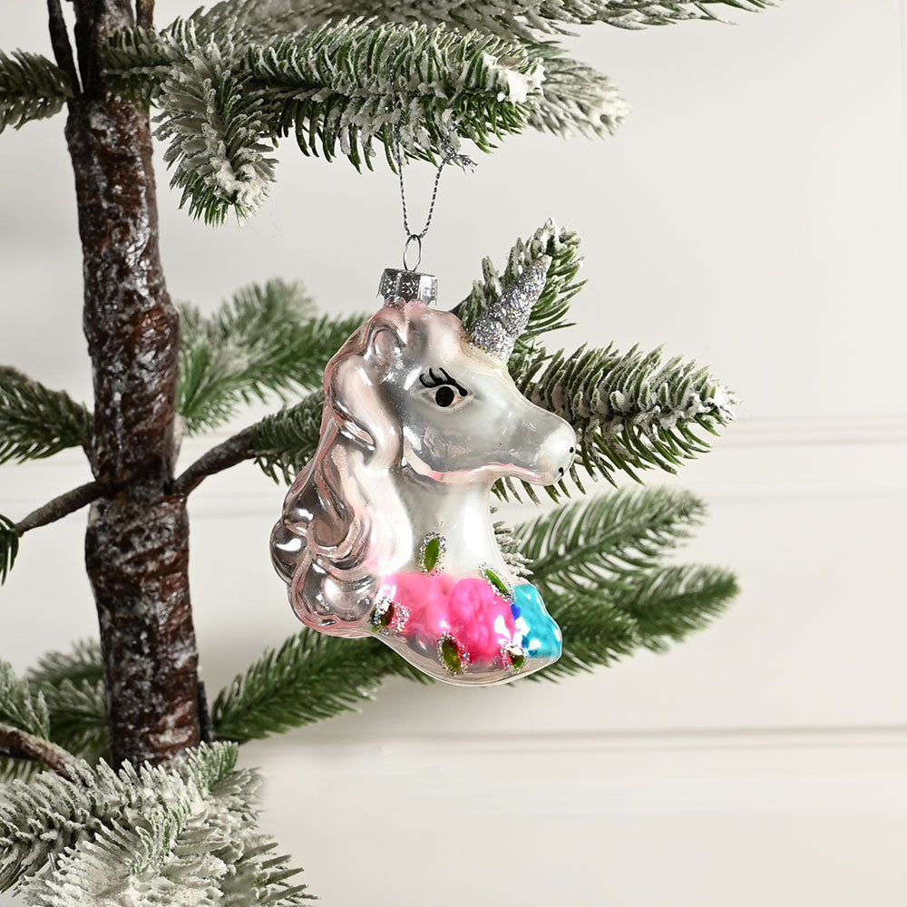 Det Gamle Apotek Unicorn skleněná baňka růžová 9 cm