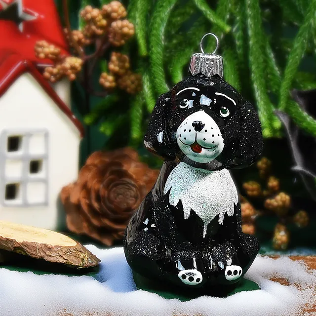 Vitbis Černý pejsek skleněná baňka 10 cm 1 ks se třpytkami