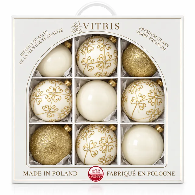 Vitbis skleněné vánoční baňky krémovo-zlaté 9 ks 10 cm