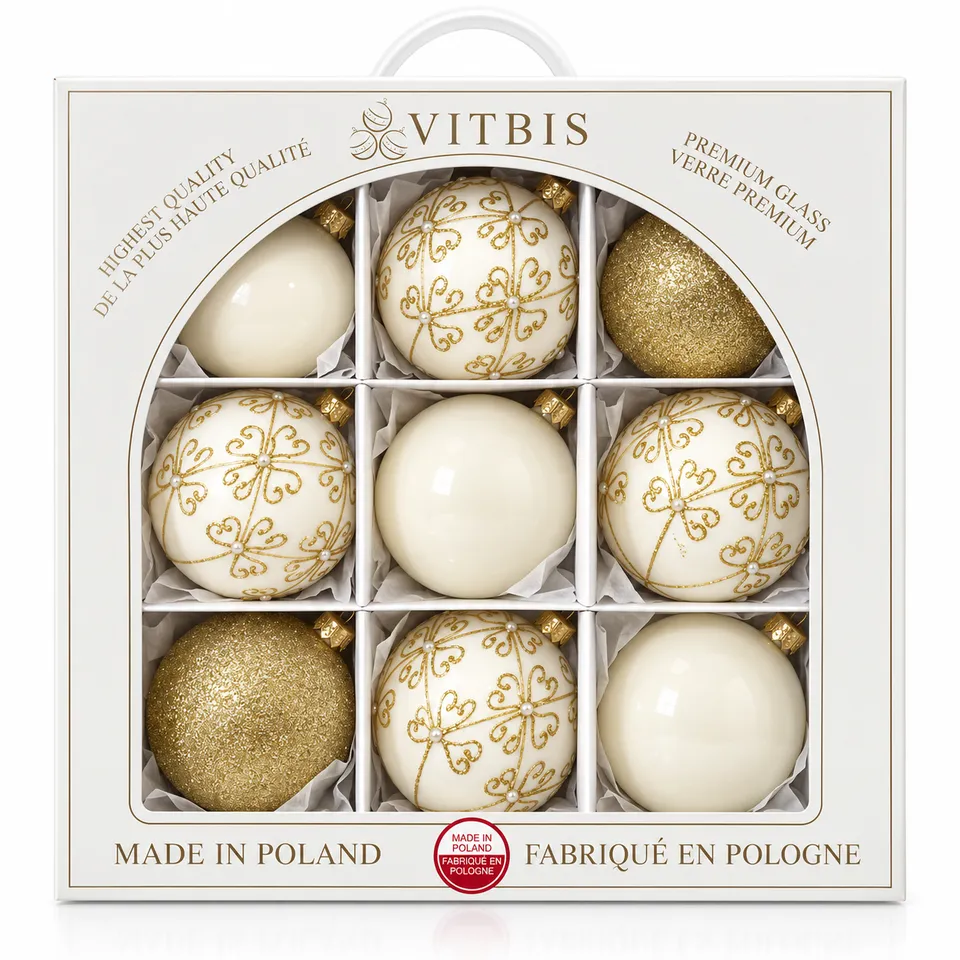 Vitbis skleněné vánoční baňky krémovo-zlaté 9 ks 10 cm