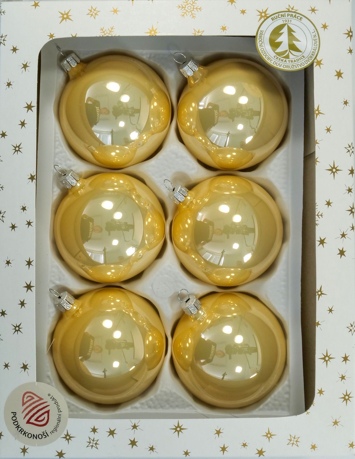 Vánoční ozdoby koule zlatokrémová porcelánová baňka