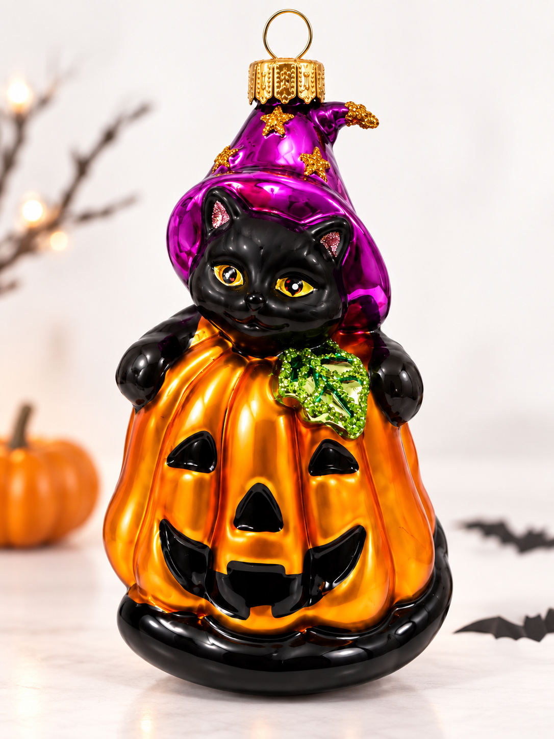 Vitbis Halloween skleněná baňka kocour s dýní 7 cm