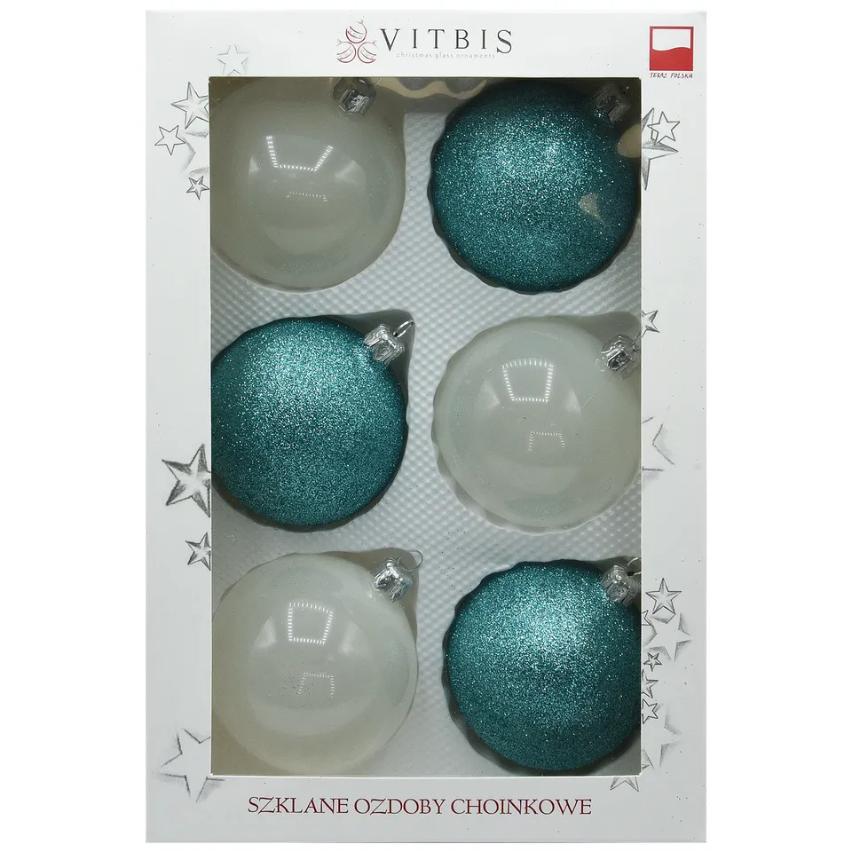 Vitbis Bílo-modré baňky 6 ks 8 cm třpyt