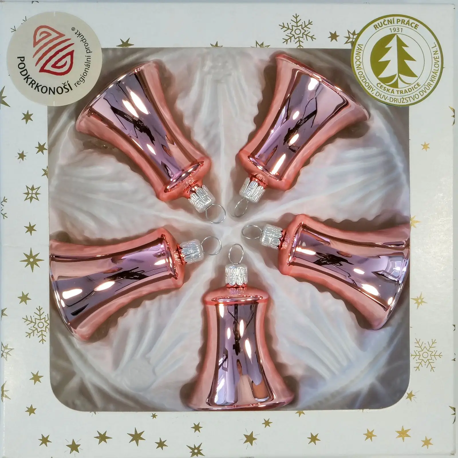 Vánoční ozdoby zvonek starorůžová skleněná baňka