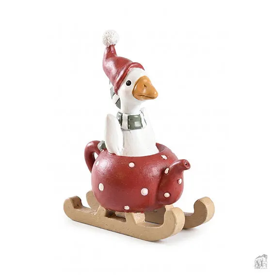 Det Gamle Apotek Goose in sleigh figurka 7 cm polyresin červená