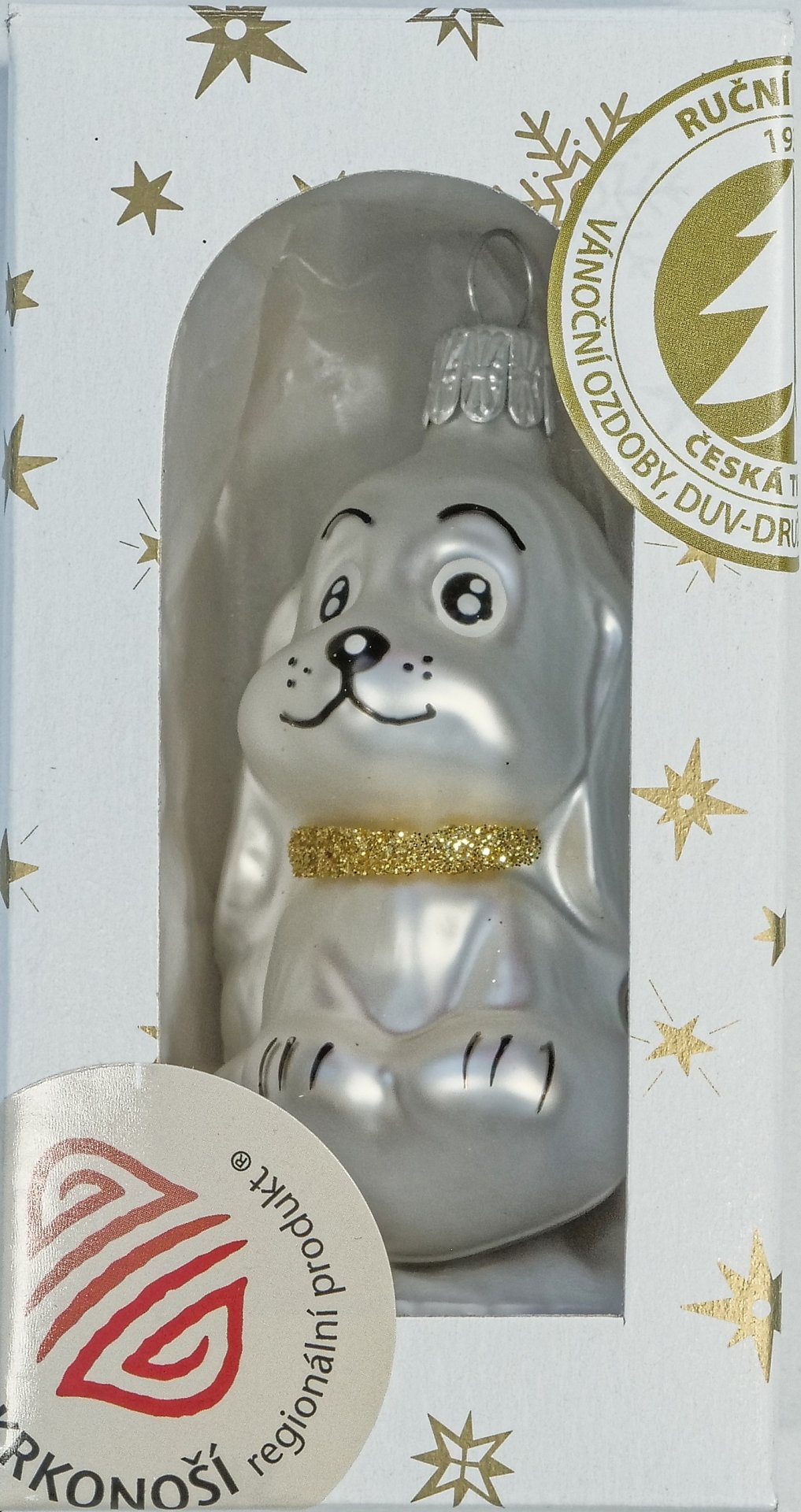 Vánoční ozdoby pejsek bílá matná skleněná figurka