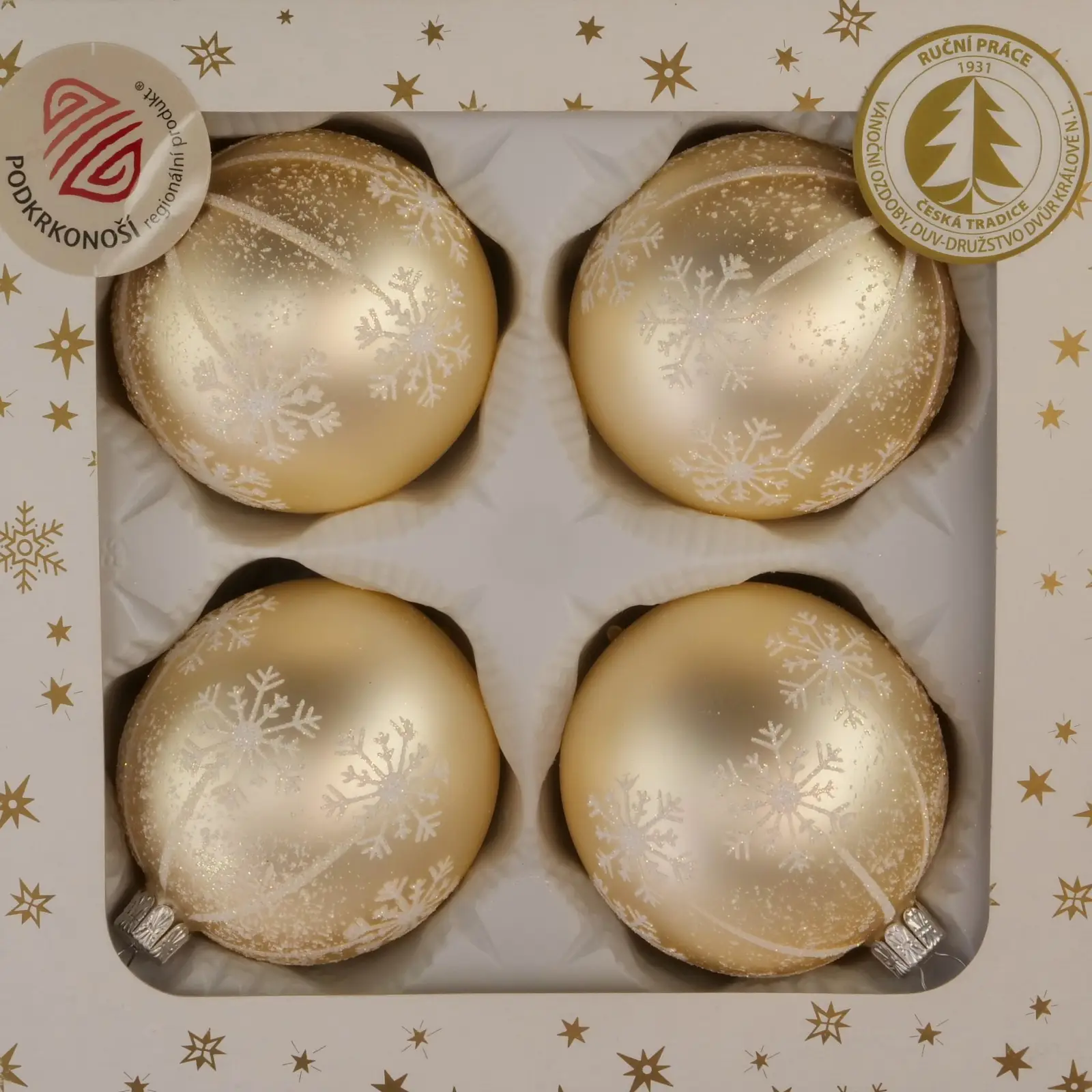 Vánoční ozdoby champagne matná skleněná koule dekor