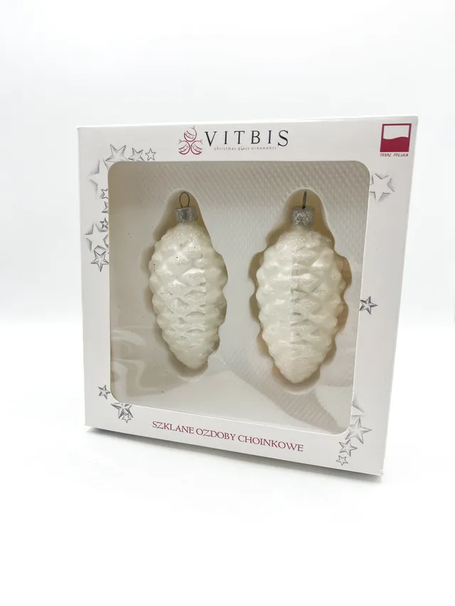 Vitbis Bílé šišky skleněné baňky 2 ks 11 cm