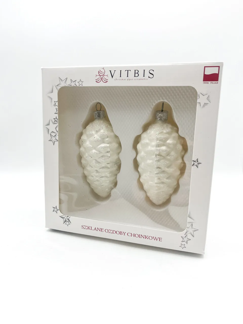 Vitbis Bílé šišky skleněné baňky 2 ks 11 cm