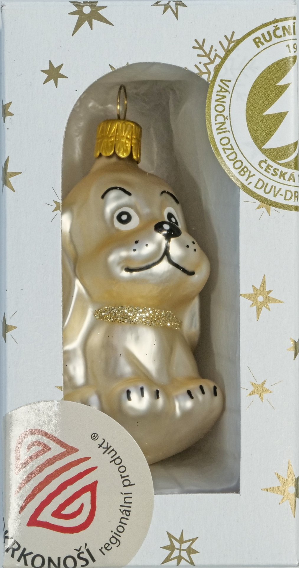 Vánoční ozdoby pejsek skleněná figurka champagne matná