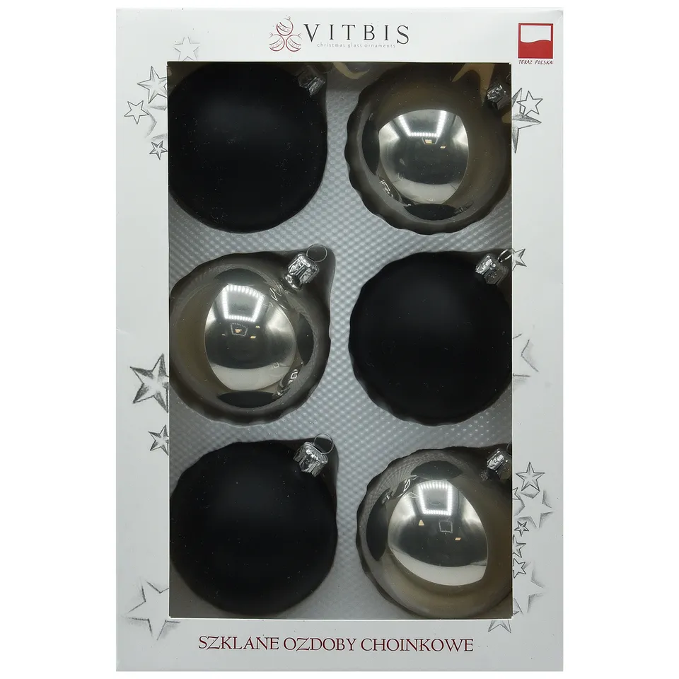 Vitbis skleněné baňky 8 cm 6 ks černo-stříbrné