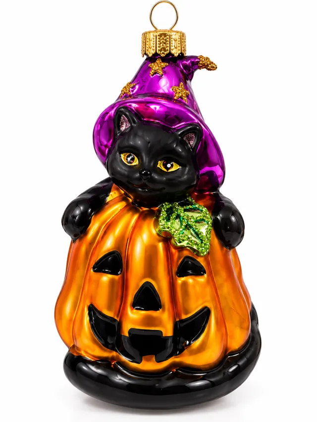 Vitbis Halloween skleněná baňka kocour s dýní 7 cm