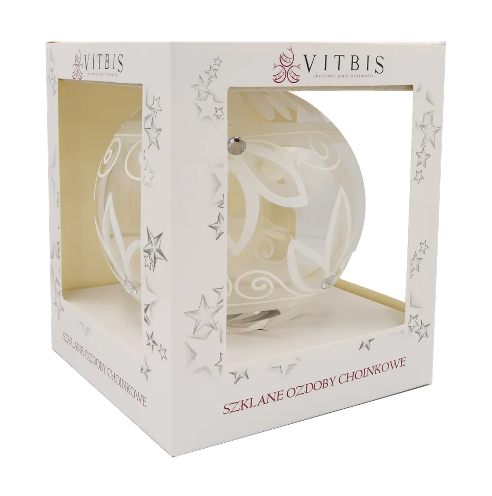 Vitbis Transparent skleněná koule 15 cm bílé třpytky