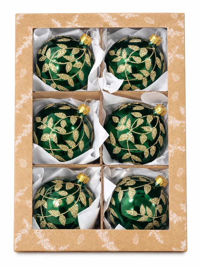 Vitbis Zelené lístky skleněné baňky 8 cm, 6 ks lesk