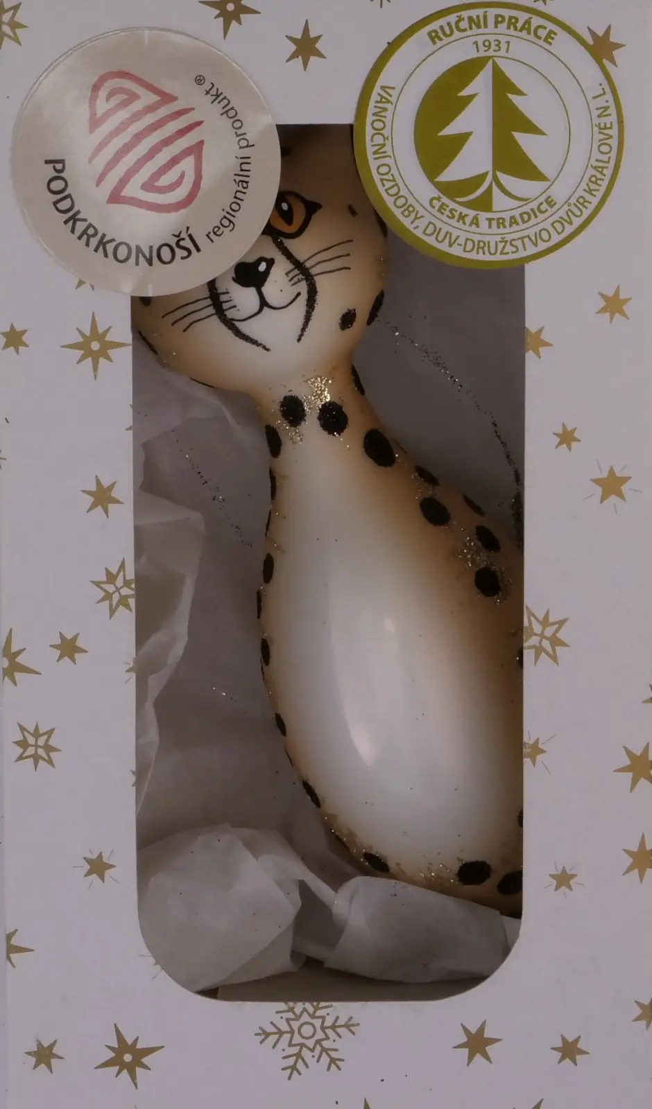 Vánoční ozdoby kočka extra bílá porcelánová skleněná ozdoba