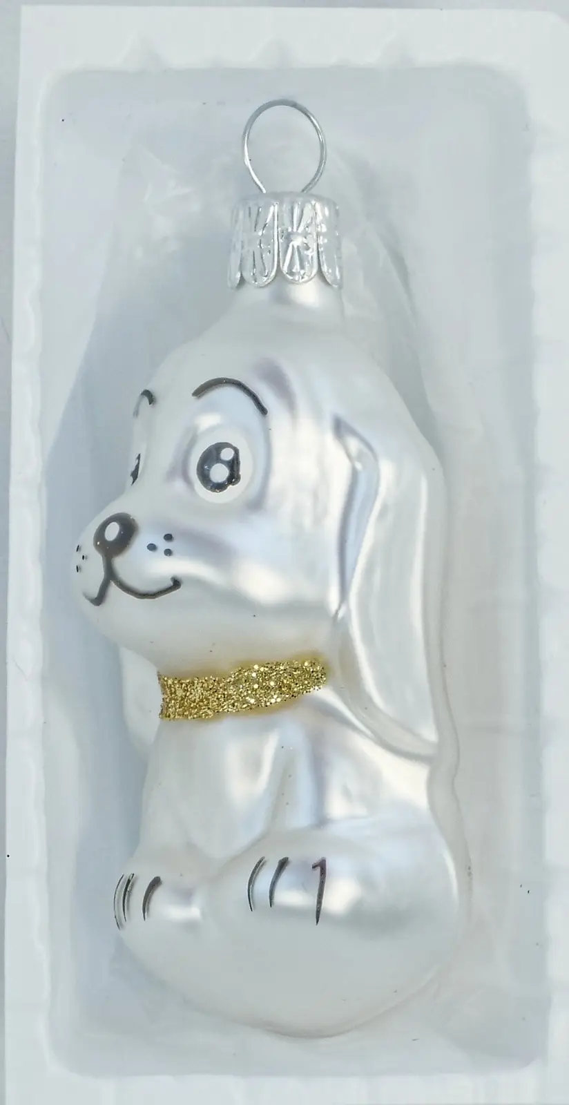 Vánoční ozdoby pejsek bílá matná skleněná figurka